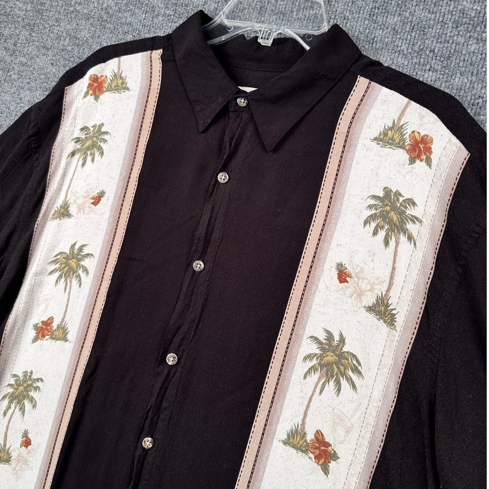 Island Shores Mens XL Black Rayon Palm Tree Hibiscus Tropical Button Down Shirt